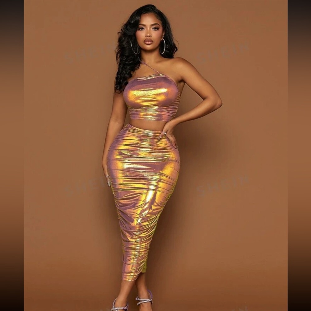 SXY One Shoulder Crop Metallic Set Top & Ruched Pencil Skirt